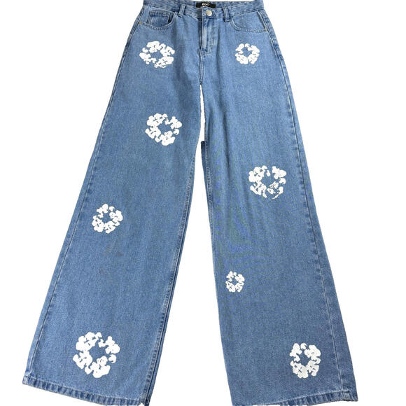 Ego Denim - EGO Womens 6 High Rise Wide Leg Painted Floral Medium Wash Denim Jeans Y2K Style